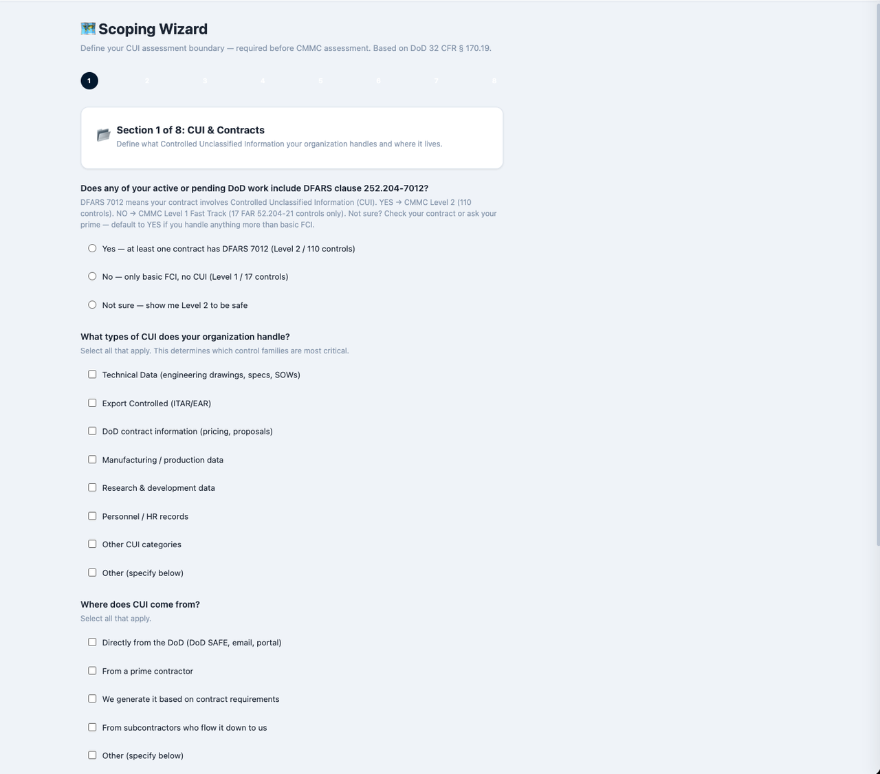 CMMC Map scoping wizard — plain-English questions about your shop