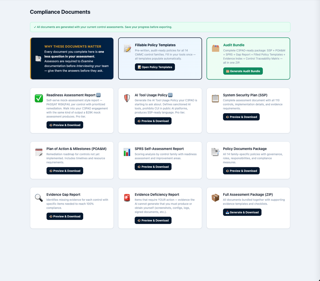 CMMC Map document generator producing SSP, POA&M and policies